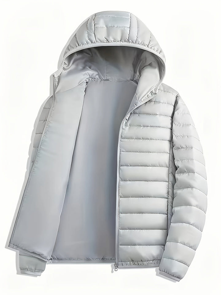 Ljusgrå herr pufferjacka med huva och quiltad design