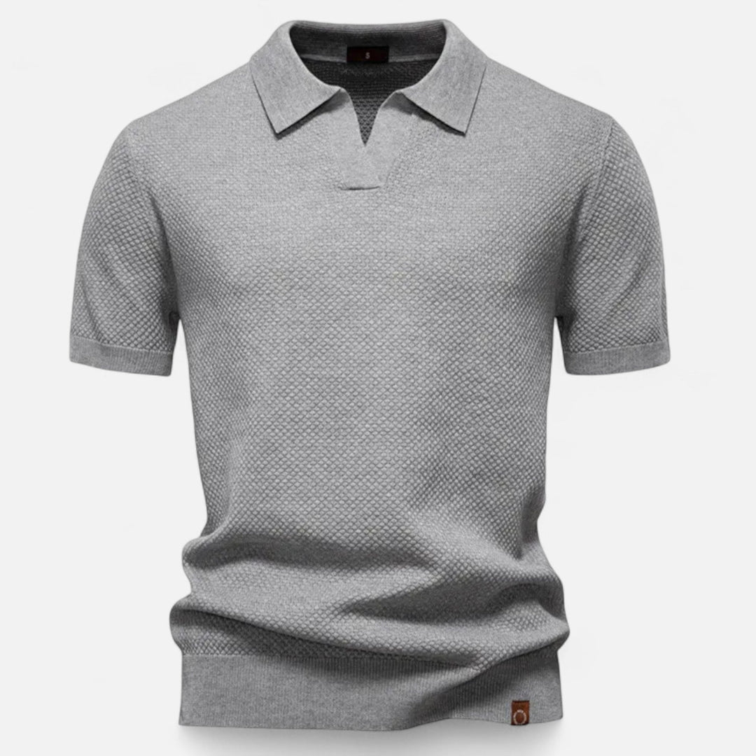 Kortärmad stickad polotröja för herr i klassisk design