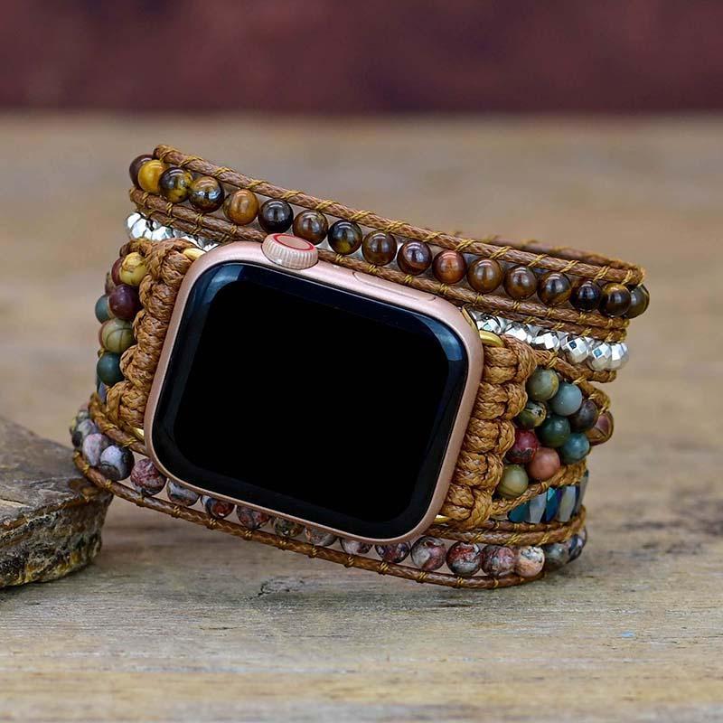 Handgjort Apple Watch-armband för dam, med tigeröga, agat & spirituella ädelstenar, rektangulär form.