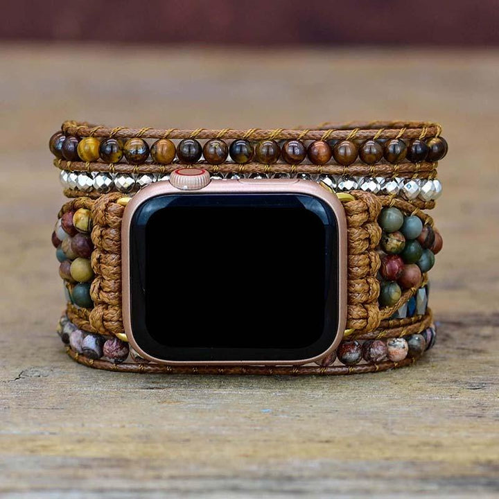Lyxigt klockarmband till Apple Watch för dam, med äkta tigeröga, jaspis & agat smyckesstenar.