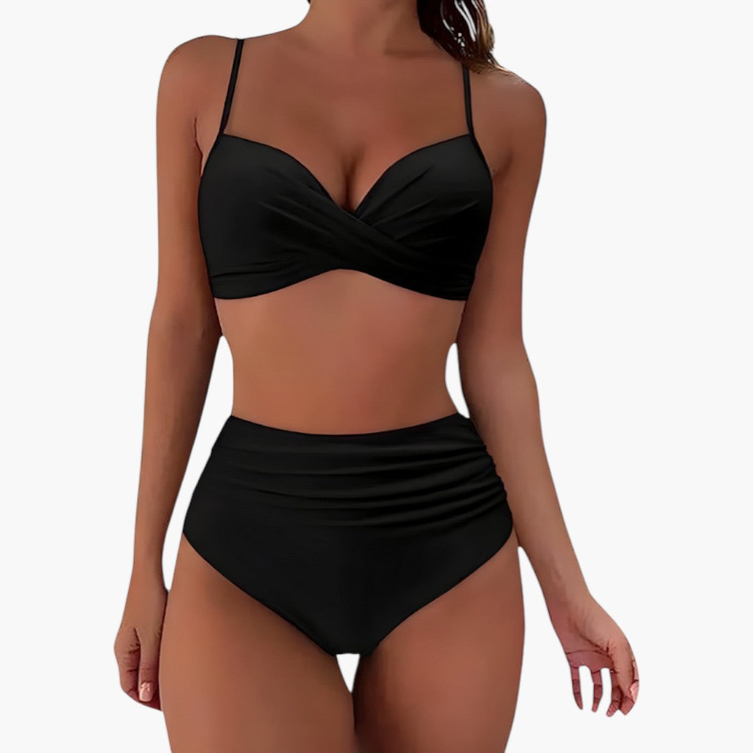 Modernt högmidjat bikini-set för dam med justerbara axelband. Bekväma badkläder.