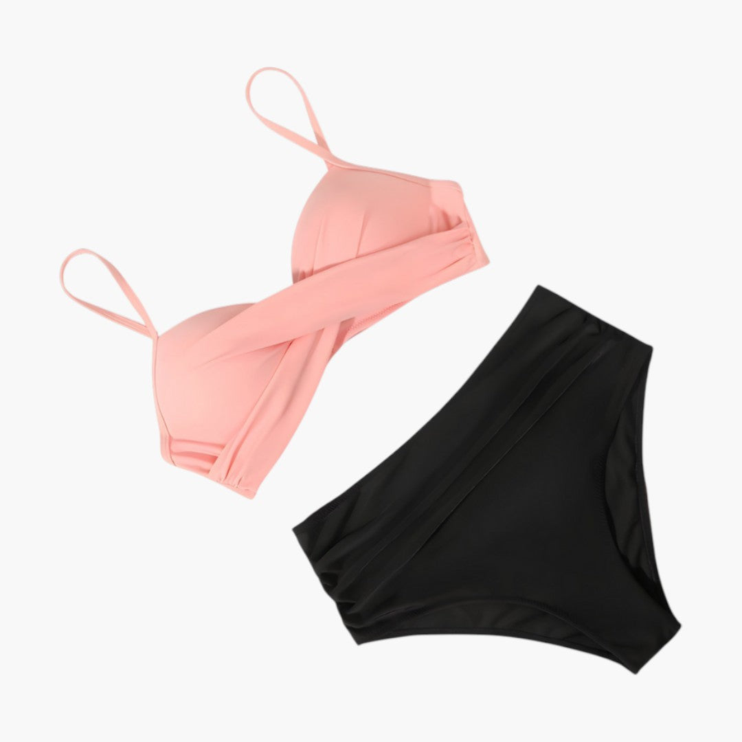 Enfärgat högmidjat bikini-set för dam med justerbara band. Stilrena badkläder för sommar.