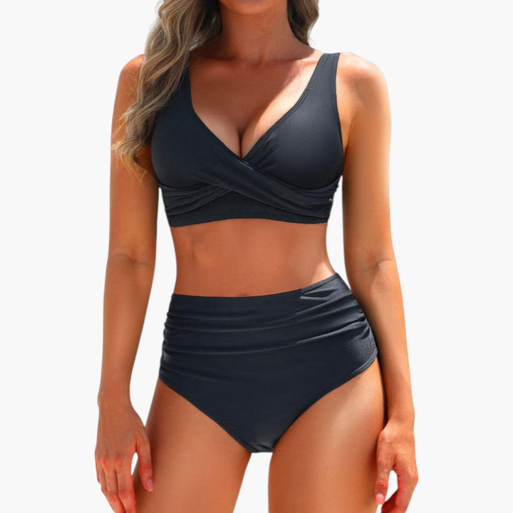 Dam bikini-set med justerbar topp och hög midja, perfekt för sommarens strandmode.