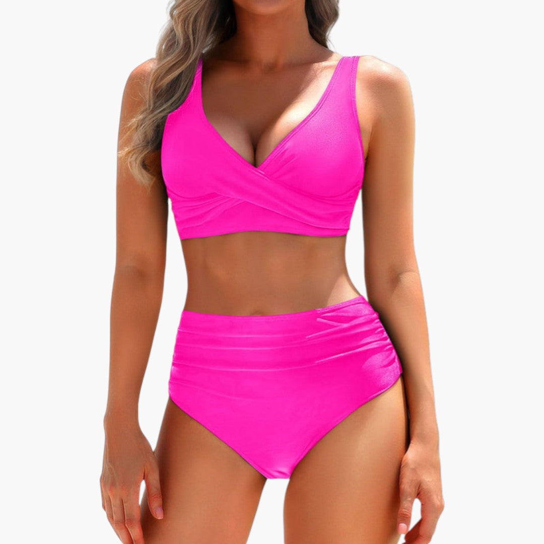 Bekväm tvådelad dam bikini med hög midja och justerbar topp, elegant för pool och strand.