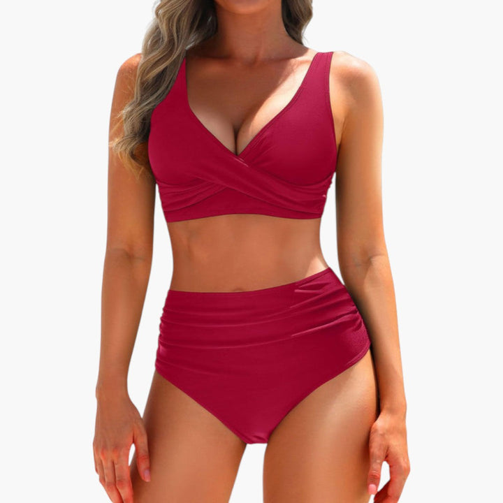 Trendig dam bikini med hög midja och justerbar topp, ett måste för sommarens simkläder.