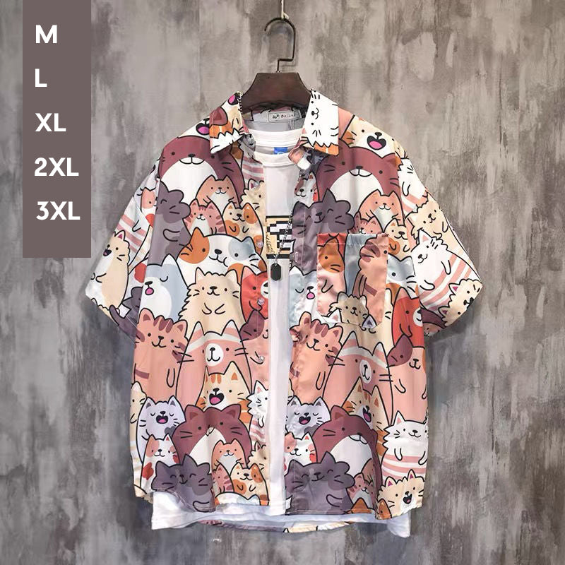"Dam Happy Cat blus med kort ärm och kattmönster, bomullspolyester, luftig design för sommarstil."