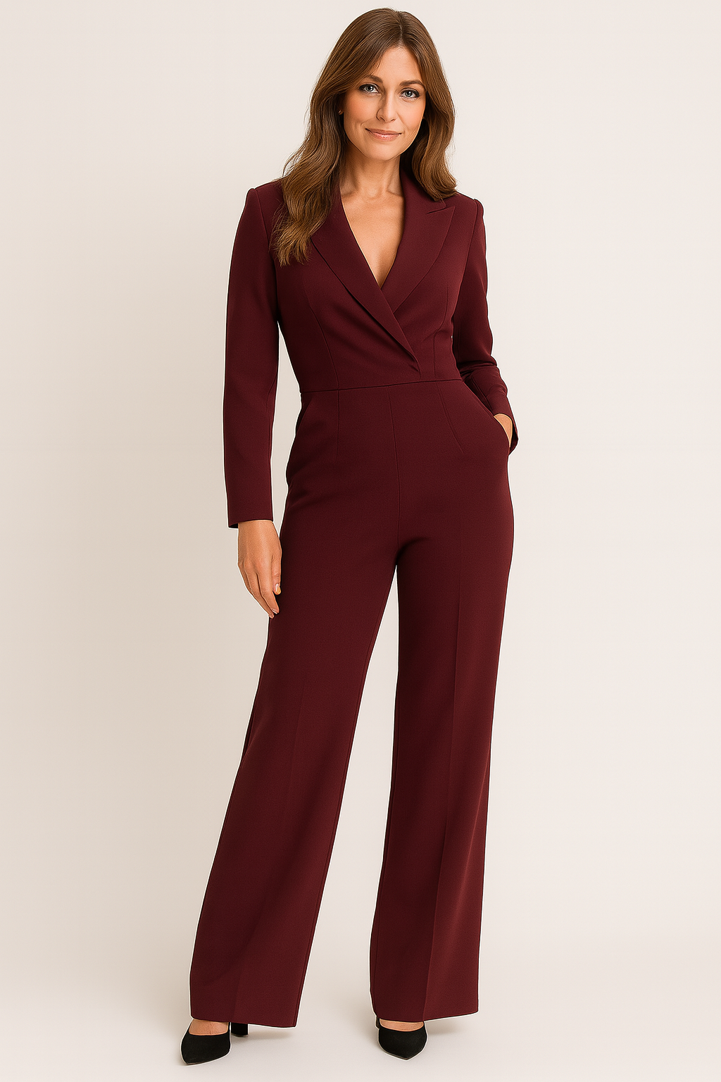 Dam jumpsuit Evie. Långärmad, figursydd med vida ben. Elegant damkläder för fest och vardag.