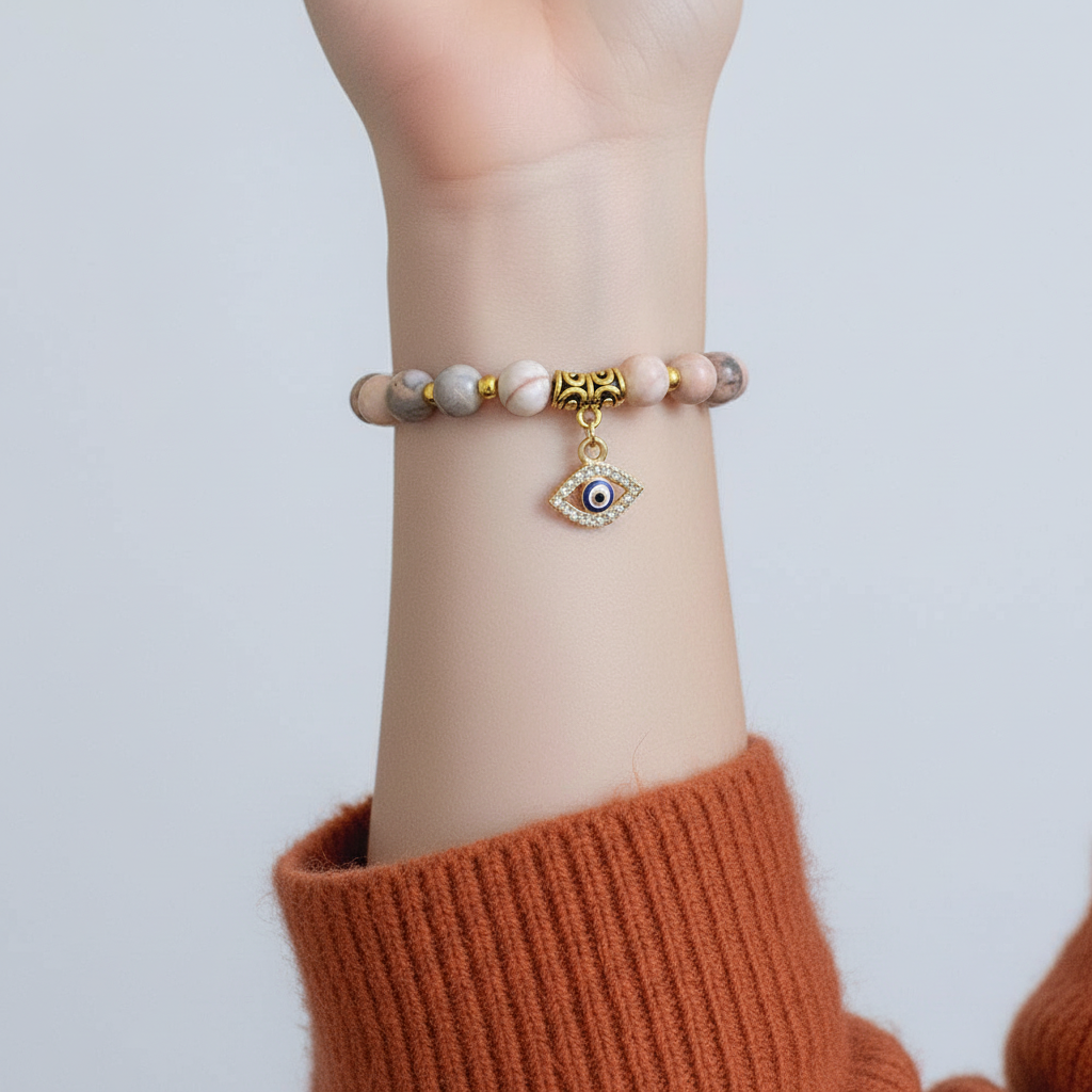 Stilfullt damarmband med pärlor & glänsande berlock, symboliserar lycka & positiv energi.