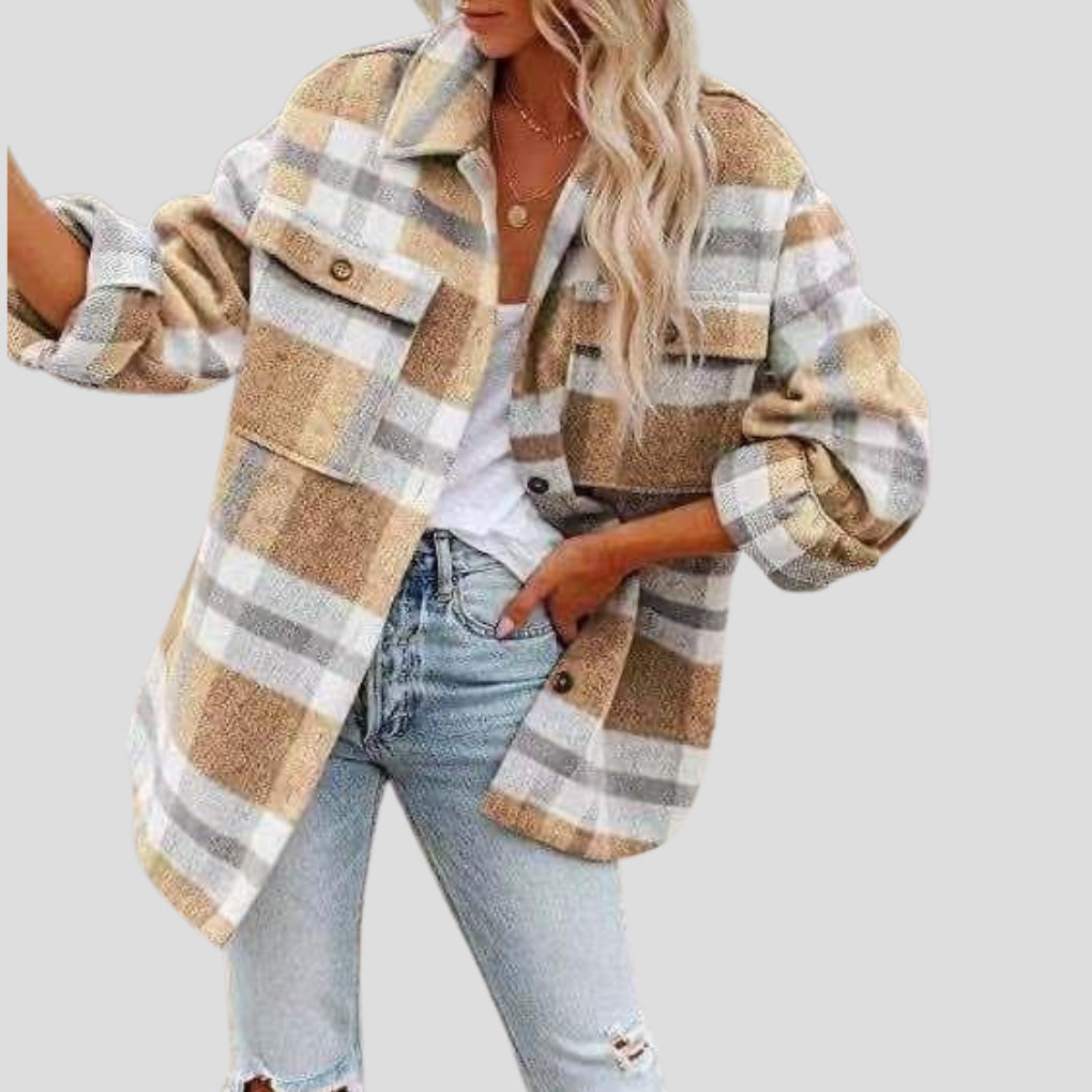 Dam Abbey skjortjacka, rutig höftlång overshirt. Komfortabelt ytterplagg med bröstfickor för kvinna.
