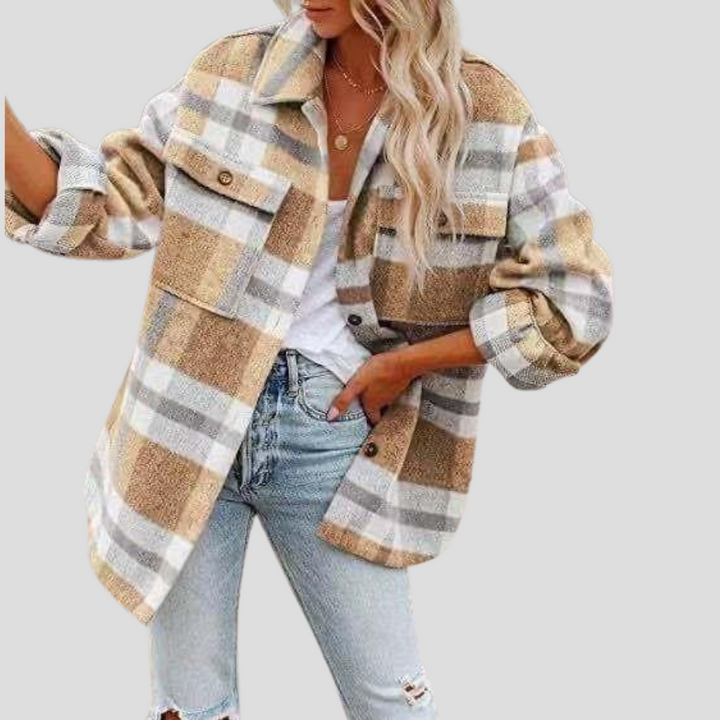 Dam Abbey skjortjacka, rutig höftlång overshirt. Komfortabelt ytterplagg med bröstfickor för kvinna.