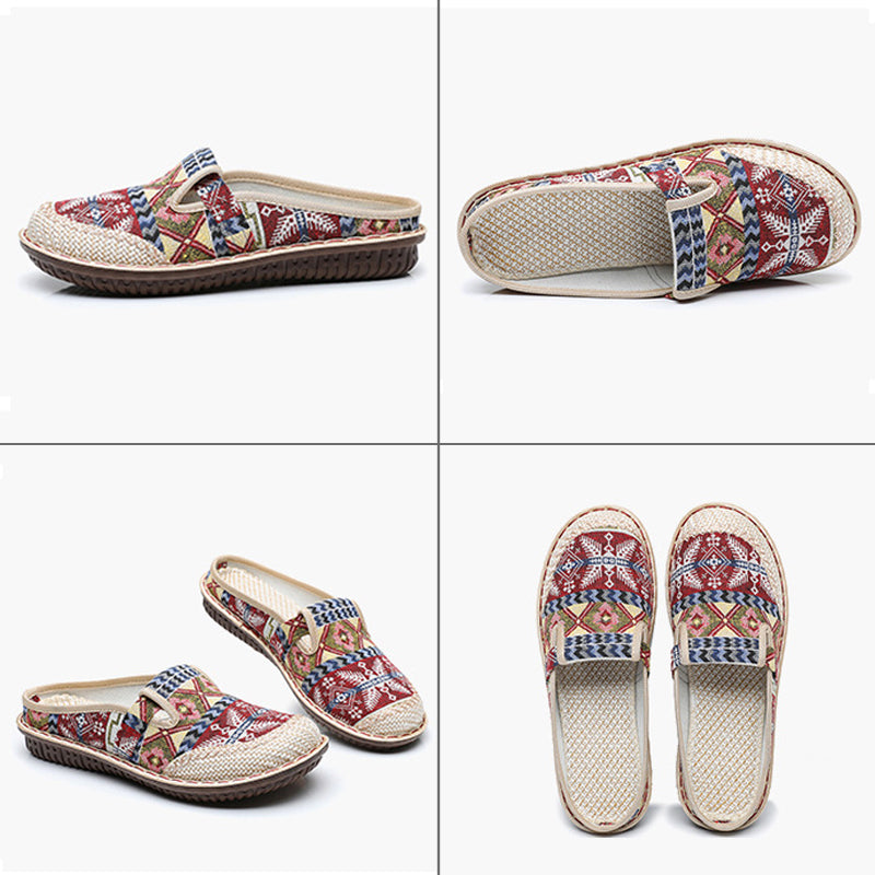 "Dam sandaler med flätade blommor, andningsbara, ljusbruna med mjuk linneöverdel och lätt sula för sommarbruk."