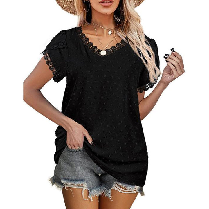 Dam spets t-shirt med v-ringning i svart, kortärmad och oregelbundna ärmar, elegant topp för kvinnor.