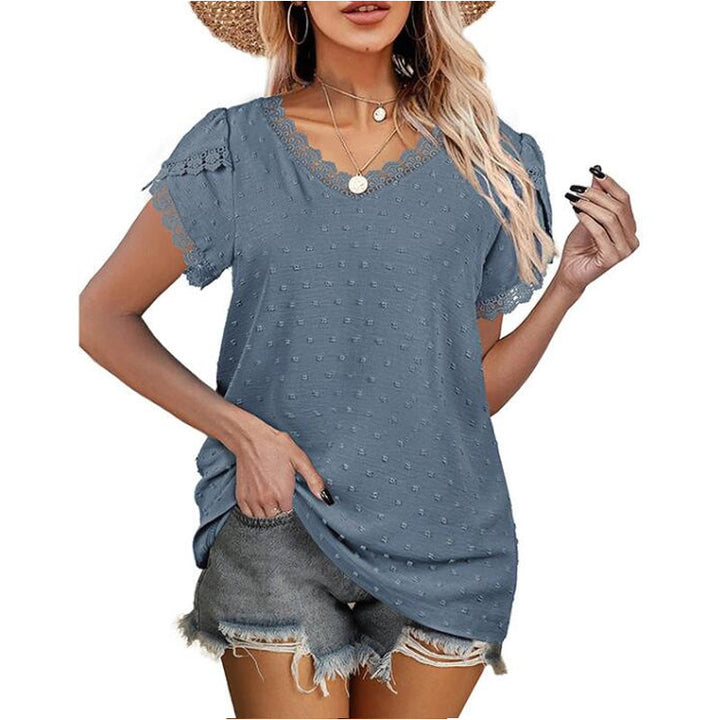 Dam spets t-shirt med v-ringning i ljusgrön, kortärmad och oregelbundna ärmar, elegant topp för kvinnor.
