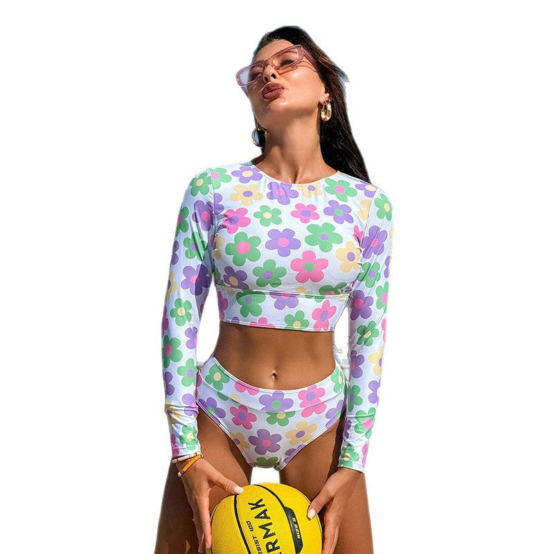 Dam sportbikini överdel med lång ärm, blommigt mönster. Snabbtorkande badkläder för sommaraktiviteter.