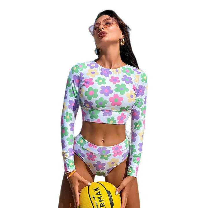 Dam sportbikini överdel med lång ärm, blommigt mönster. Snabbtorkande badkläder för sommaraktiviteter.
