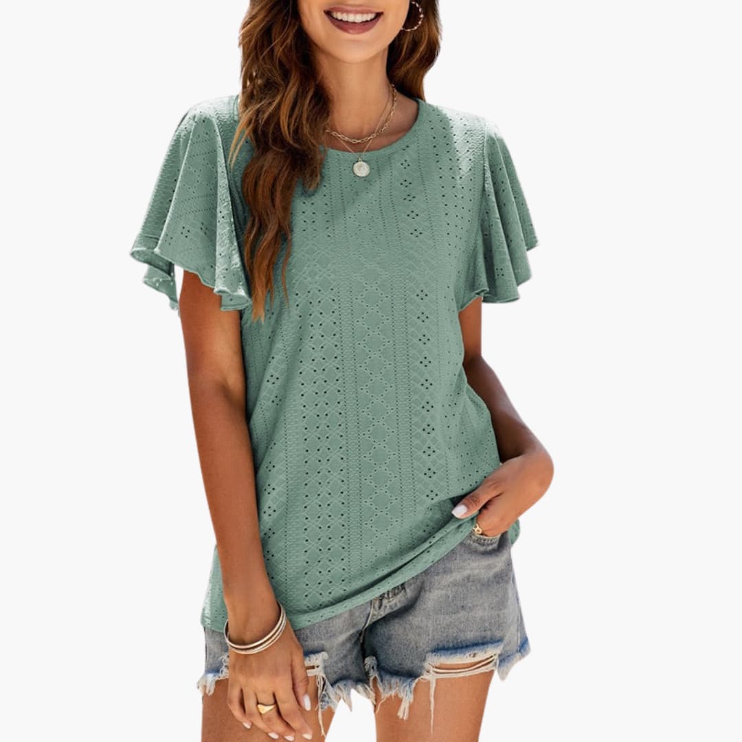 Dam t-shirt, rund hals, eleganta volangärmar. Kortärmad sommartopp för stilfullt kvinnomode.