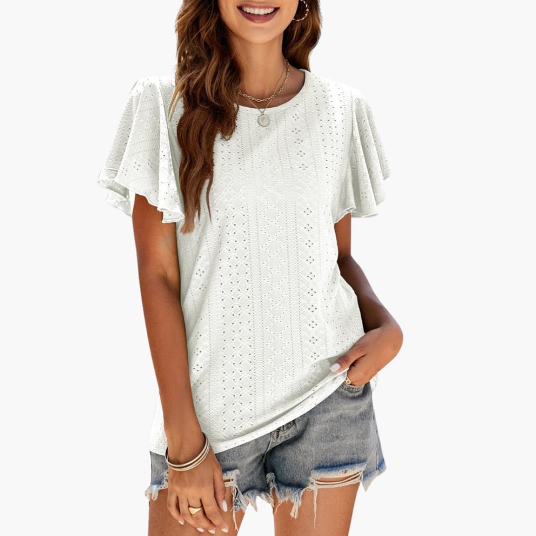 Casual dam t-shirt med rund hals och volangärmar. Mångsidig kortärmad topp för daglig användning.