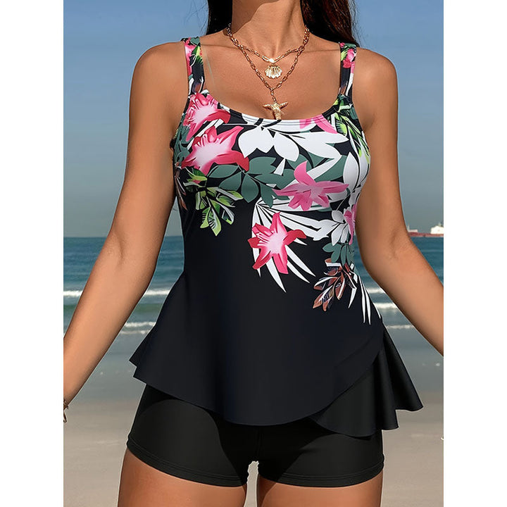 Dam tankini set med flödande topp & shorts. Mönstrad baddräkt för sommarstrand och pool.