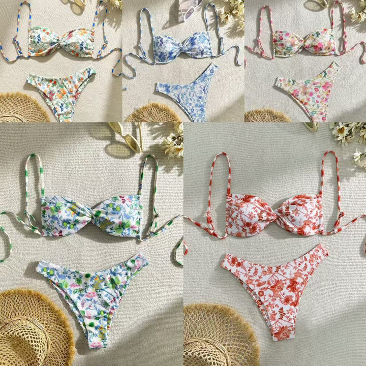 Färgglad dam triangelbikini med justerbara axelband och unikt blommönster, ett måste för strandmode.