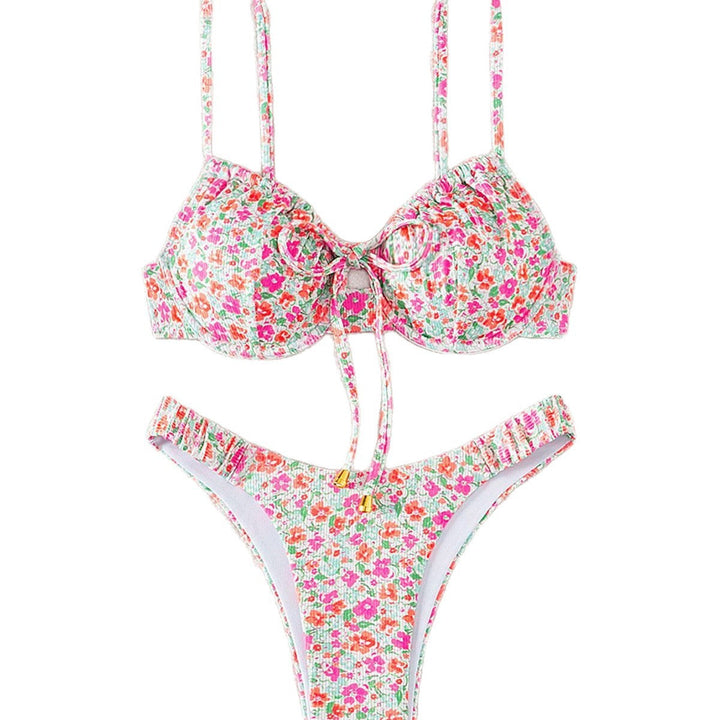 Vikta dam triangelbikini med persika/rosa blommönster, ett elegant och justerbart badklädeset för sommar.
