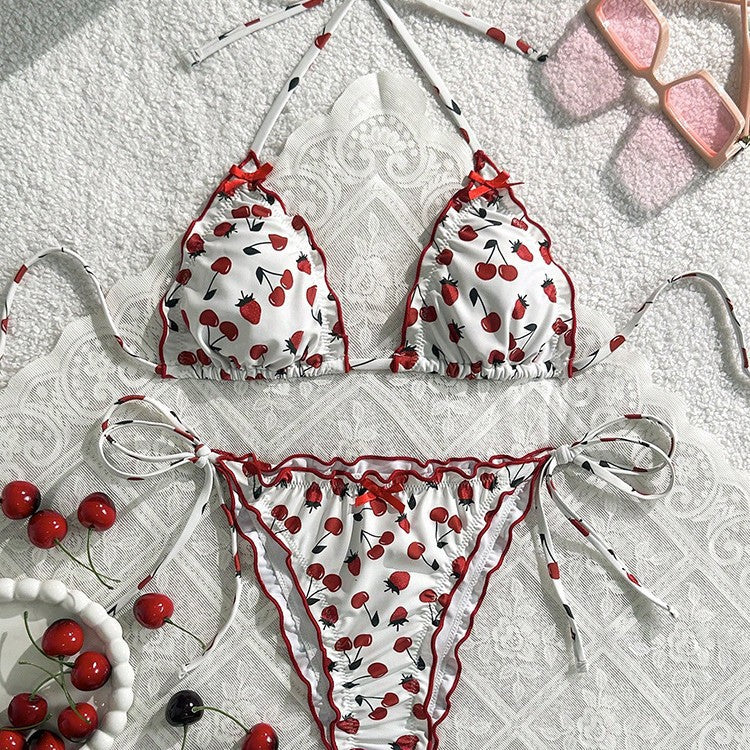 Flerfärgad dam triangelbikini med unikt fruktmönster. Trendiga badkläder för strand och pool.
