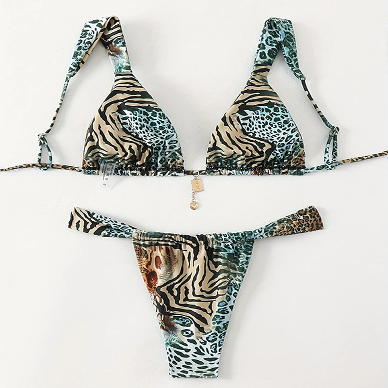 Dam Triangelbikini med Leopardmönster och Justerbara Axelband