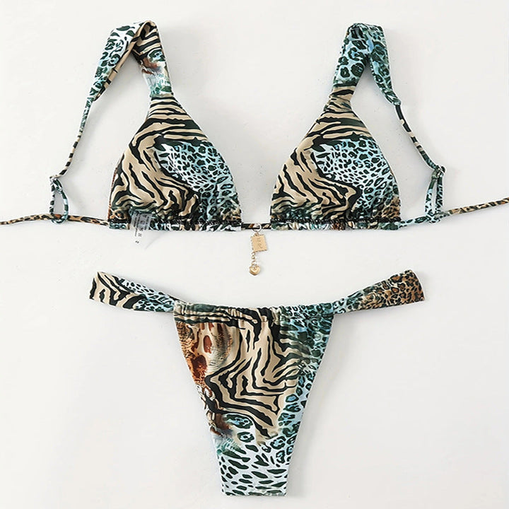 Dam Triangelbikini med Leopardmönster och Justerbara Axelband