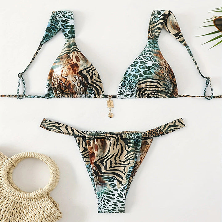 Dam Triangelbikini med Leopardmönster och Justerbara Axelband
