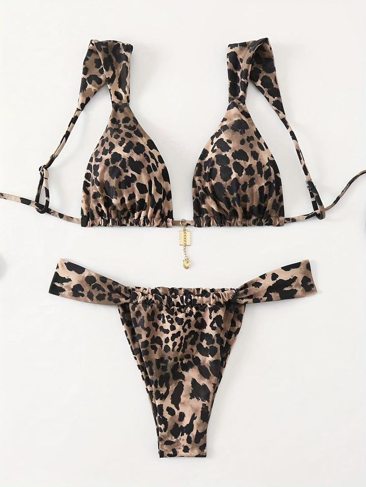 Dam Triangelbikini med Leopardmönster och Justerbara Axelband