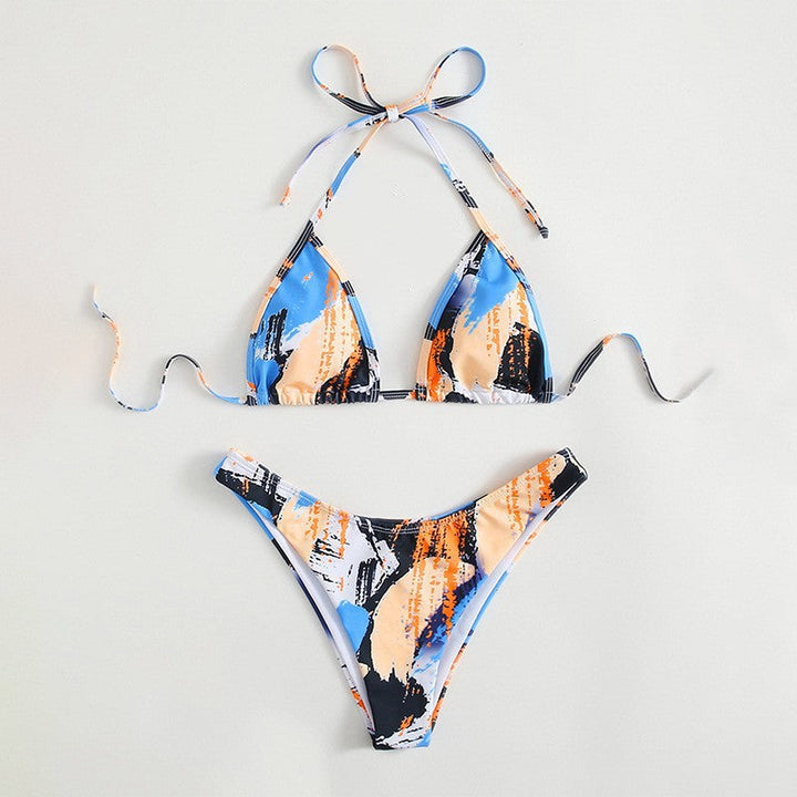 Dam triangelbikini-set i blått med justerbar knut, högskuren stil för sommar och strandmode.