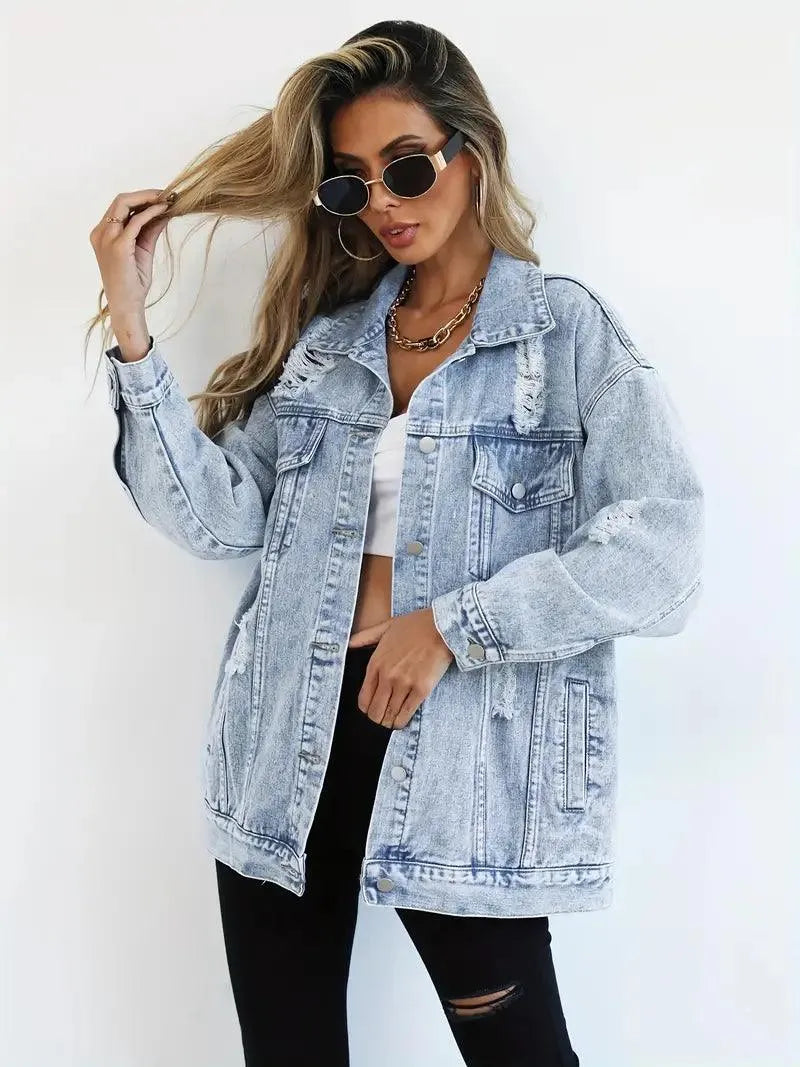 Dam vattentålig oversized jeansjacka med huva, perfekt för höst & vår.