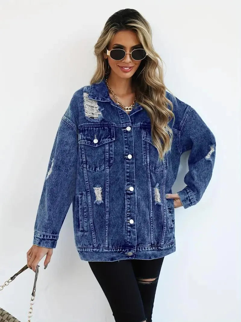 Ytterplagg: Vattentålig oversized jeansjacka för dam, med snygg huva.