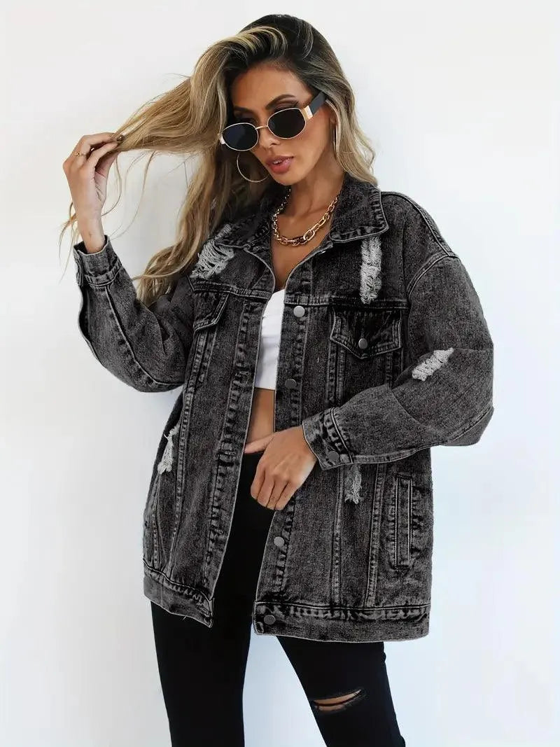 Snygg vattentålig damjacka i denim, oversized med huva, höst/vinter.