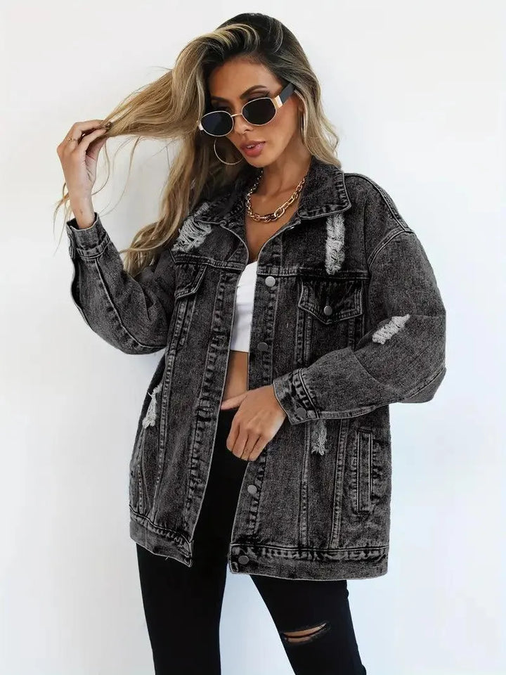 Snygg vattentålig damjacka i denim, oversized med huva, höst/vinter.