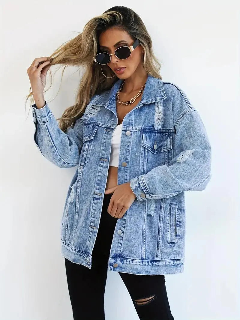 Damkläder: Vattentålig oversized jeansjacka med huva, casual streetwear.