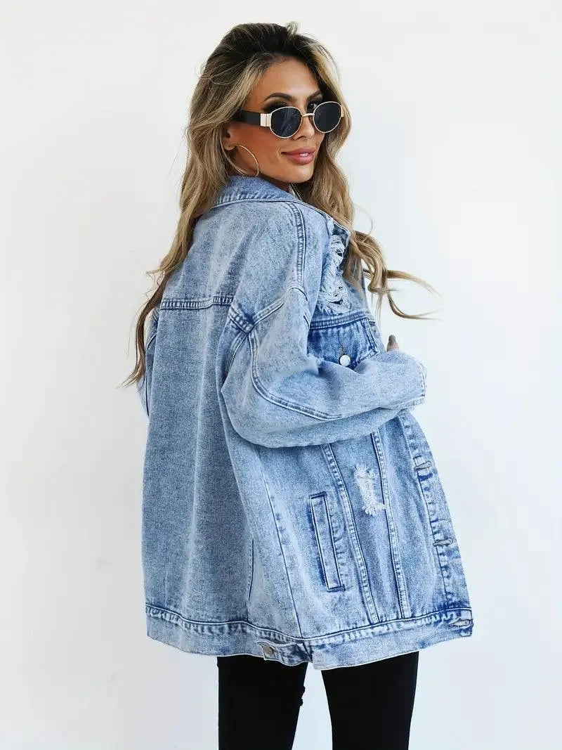 Elegant vattentålig jeansjacka med huva för dam, oversized, höstmode.