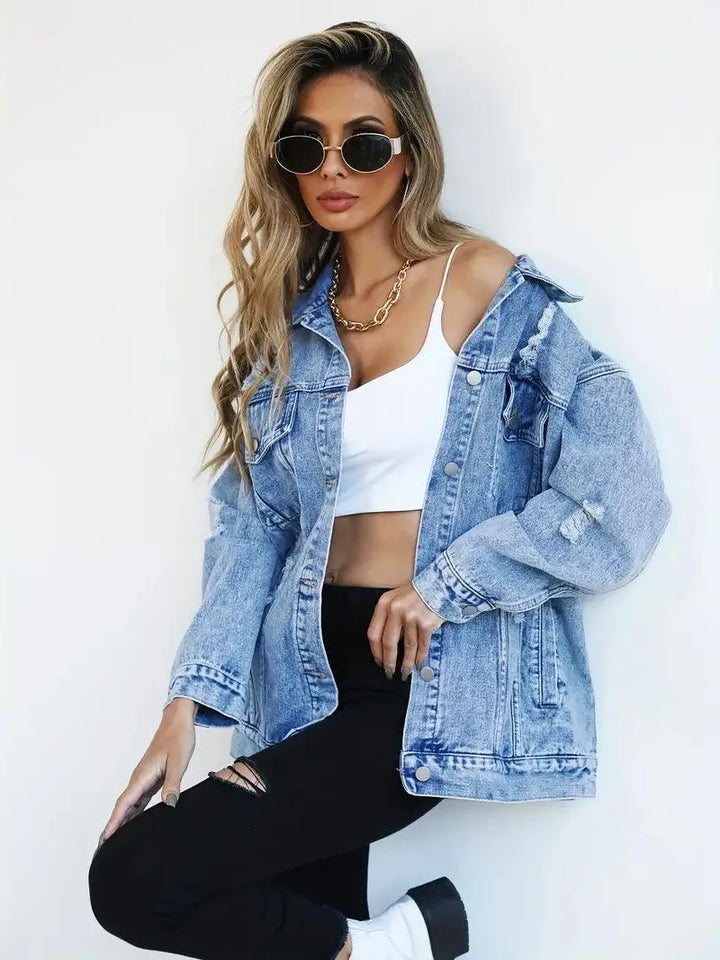 Funktionell damjacka: Vattentålig oversized jeansjacka, med huva, denim.