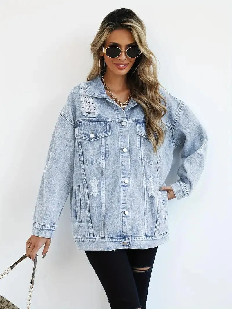 Trendig oversized jeansjacka för dam med praktisk huva, vattentålig.