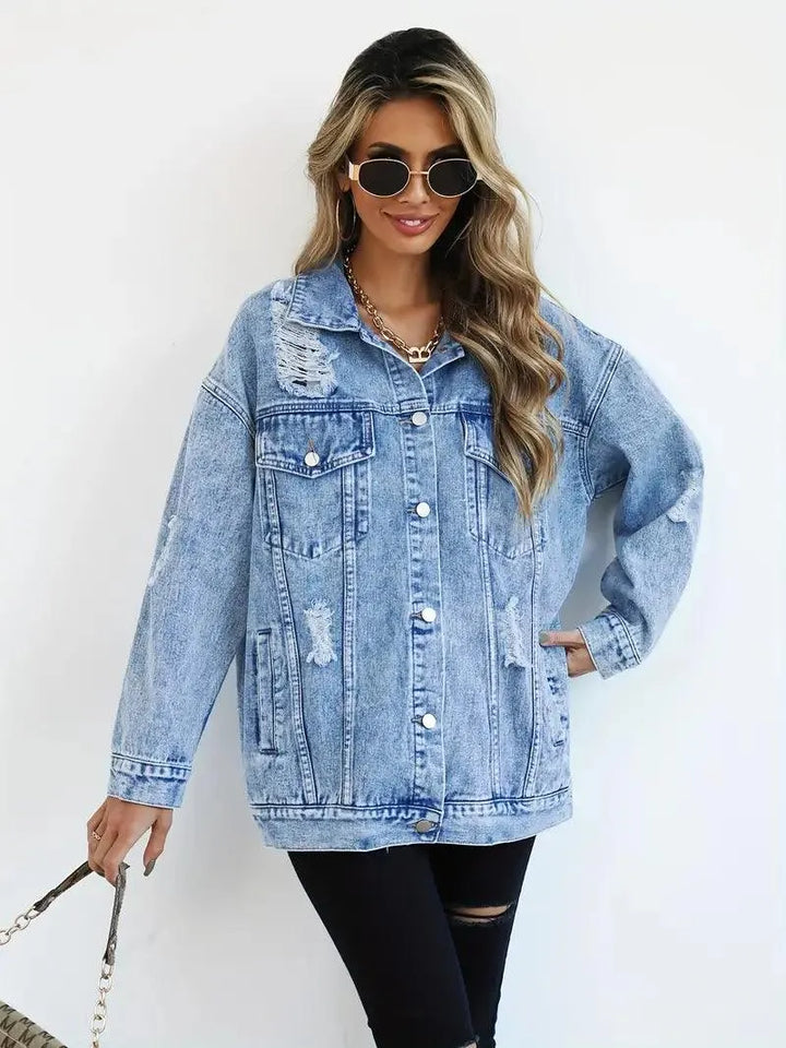 Moderiktig vattentålig oversized jeansjacka med huva, för dam.