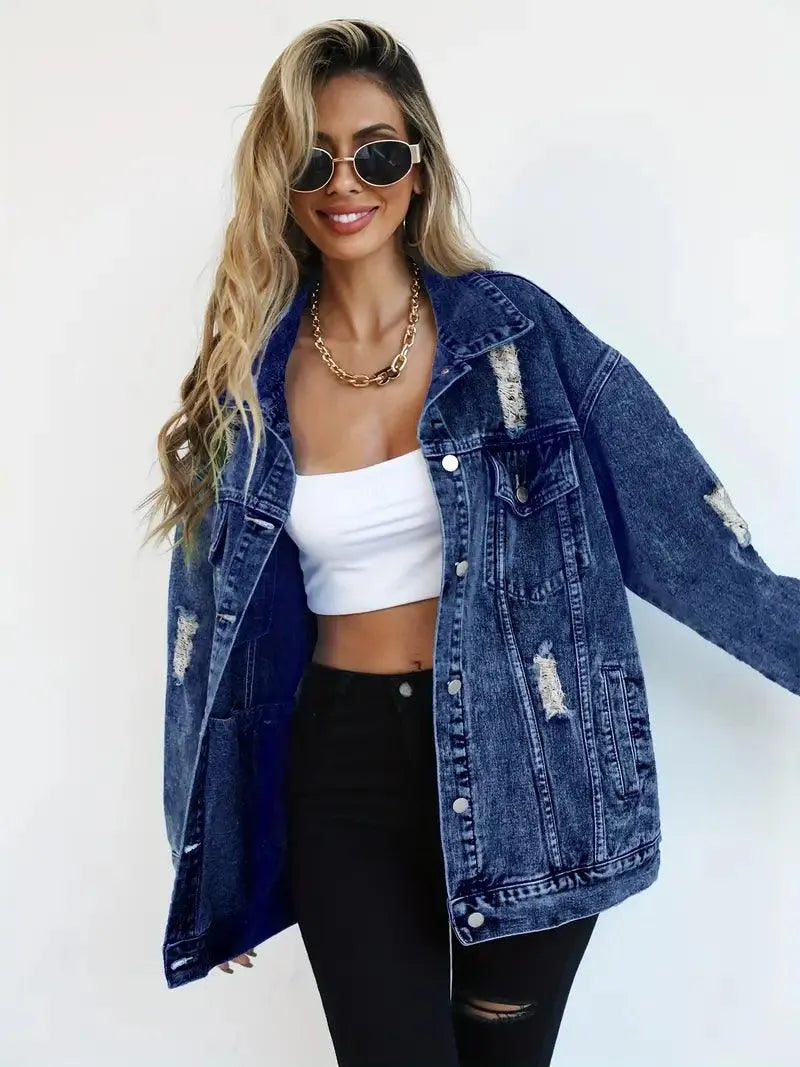 Komfortabel oversized jeansjacka för dam, vattentålig med huva.