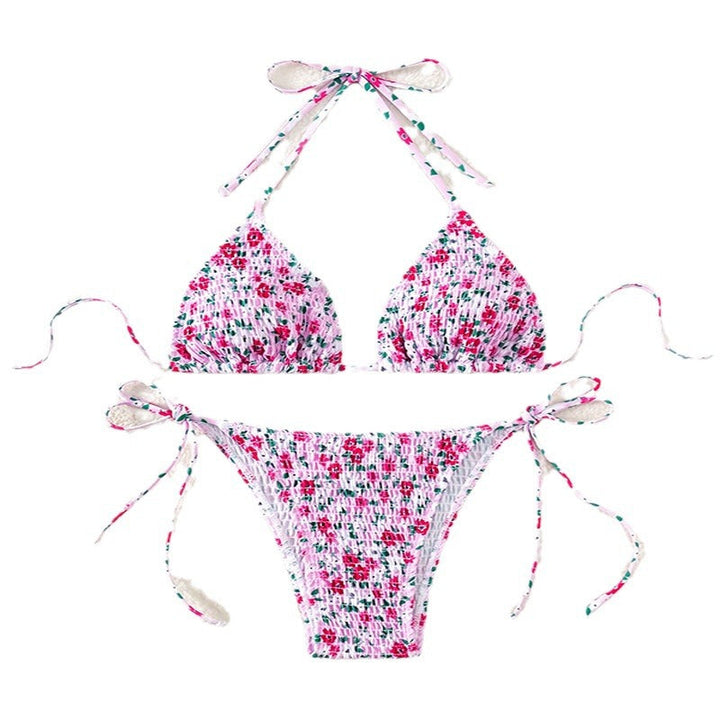 Triangelbikini-topp med blommönster och matchande rynkade bikinitrosor, sommarbadkläder för dam.
