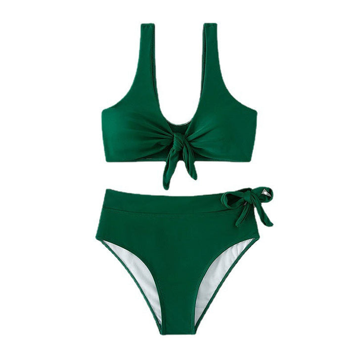 Strandbikini set: Tvådelad dam baddräkt med hög midja och knytning, för en trendig sommarstil.