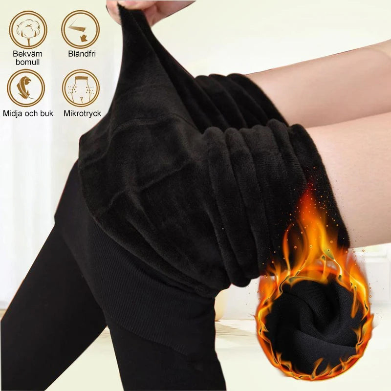 Dam leggings med fleecefoder, hur de ser ut på, svart, smal passform, ultramjuk och värmande för vintern.