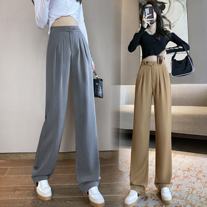 "Dambyxor med hög midja och vida ben i elegant stil, framifrån, slät textur, andningsbart material, chic och självsäker look.