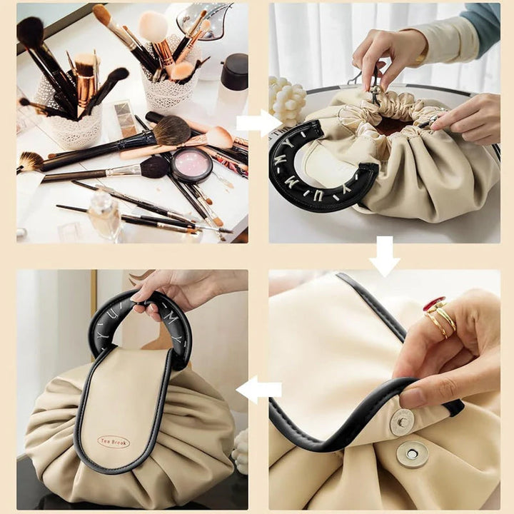 "Damer sminkväska, dragsnöredesign i beige, brun, rosa; elegant, funktionell med rymlig interiör, PU-material."