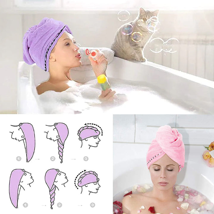 "Damhårduk i ljuslila mikrofiber, superabsorberande, elegant design, idealisk för snabb och skonsam hårtorkning."