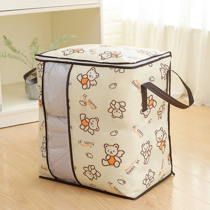 "Dammtät förvaringsväska med förstärkt handtag och stor kapacitet. Beige non-woven-material, rundade hörn, dragkedja."