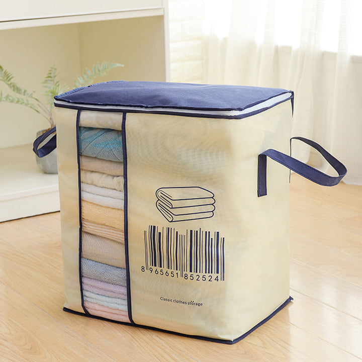 "Dammtät förvaringsväska med förstärkt handtag och stor kapacitet. Beige non-woven-material, rundade hörn, dragkedja."