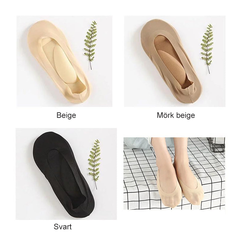 "Damsockor med 3D fotmassage och vaddering i bomull, osynliga design med anti-glid silikon och andningsbart meshmaterial."