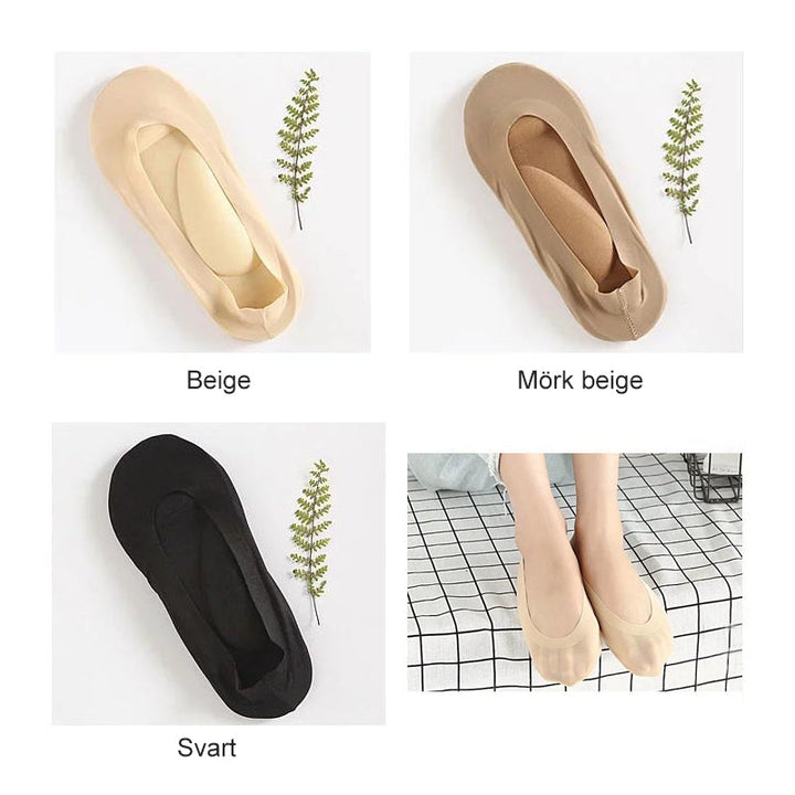 "Damsockor med 3D fotmassage och vaddering i bomull, osynliga design med anti-glid silikon och andningsbart meshmaterial."